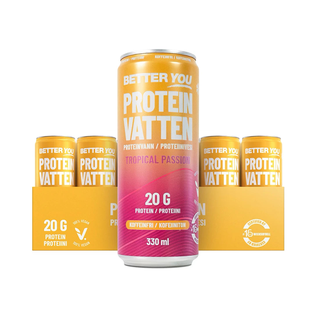 24 x Better You Proteinvatten 330 ml Tropical Passion i ett gult flak med matchande gula och rosa burkar., bild 1 av 1