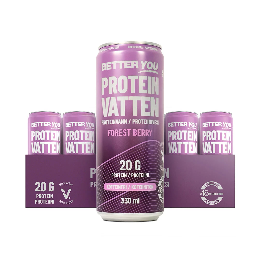 24 x Better You Proteinvatten 330 ml Forest Berry i ett lila flak med matchande lila burkar och vit text för skogsbärssmak., bild 1 av 1