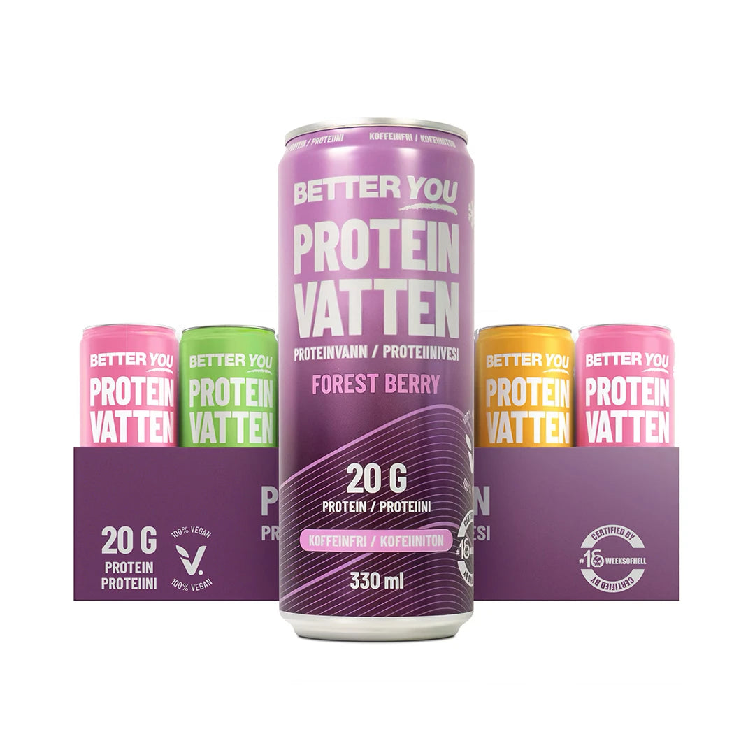24 x Better You Proteinvatten 330 ml Mixflak med flera färgglada burkar i en lila kartong med Forest Berry i förgrunden., bild 1 av 1