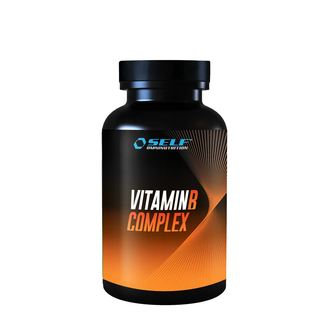 Self Omninutrition Vitamin B-Complex 60 caps kosttillskott i en svart burk med orangea och vita detaljer., bild 1 av 1