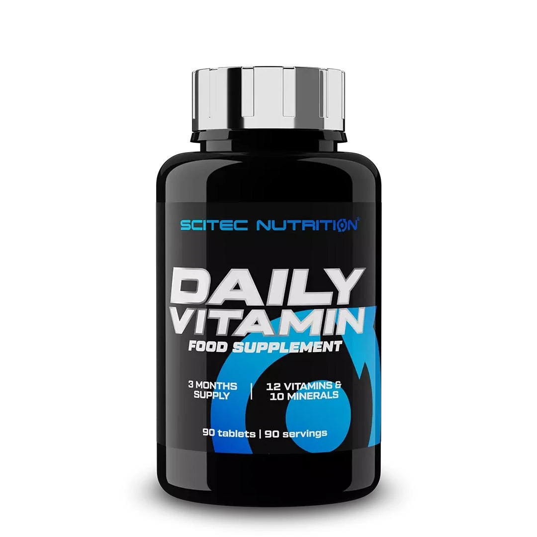 Scitec Nutrition Daily Vita-min 90 caps multivitamin, svart burk med blå och vita detaljer samt silvrigt lock., bild 1 av 1