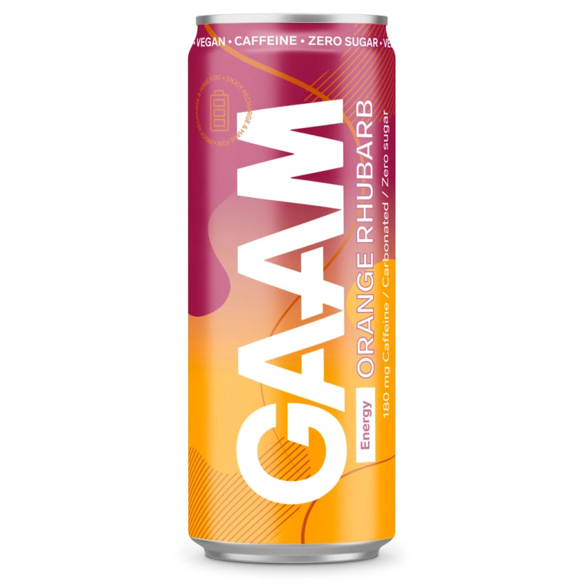 GAAM Energy 330 ml energidryck i en rosa och orange burk för smaken Orange Rhubarb., bild 11 av 11