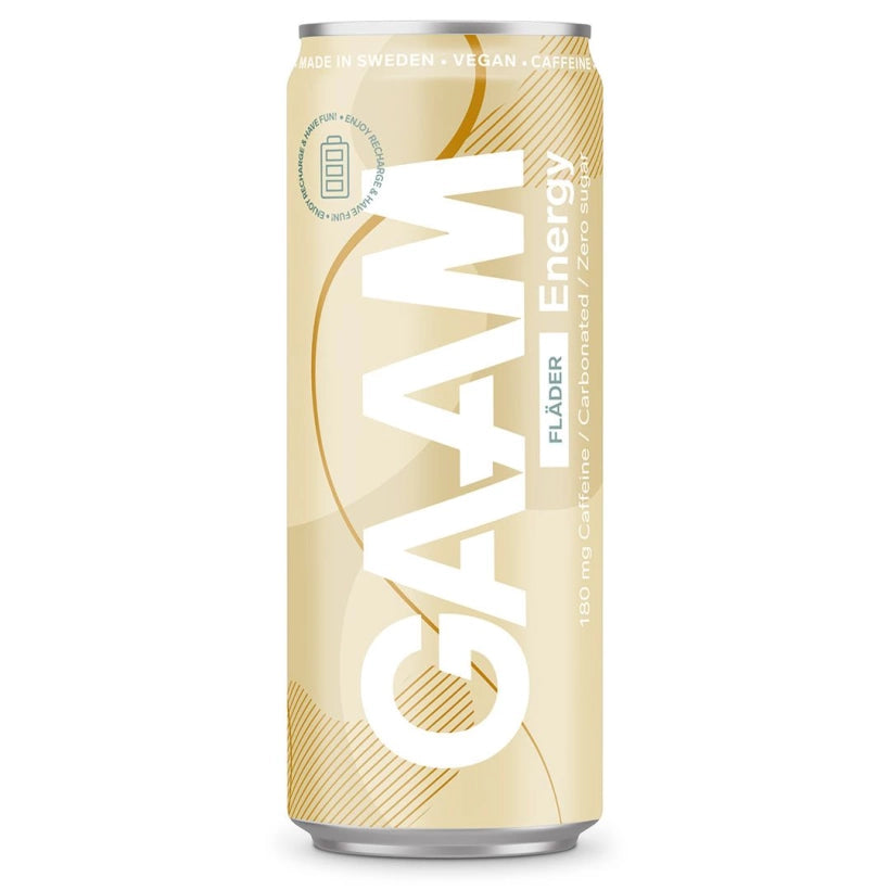 GAAM Energy 330 ml energidryck i en beige burk för smaken Fläder., bild 7 av 11
