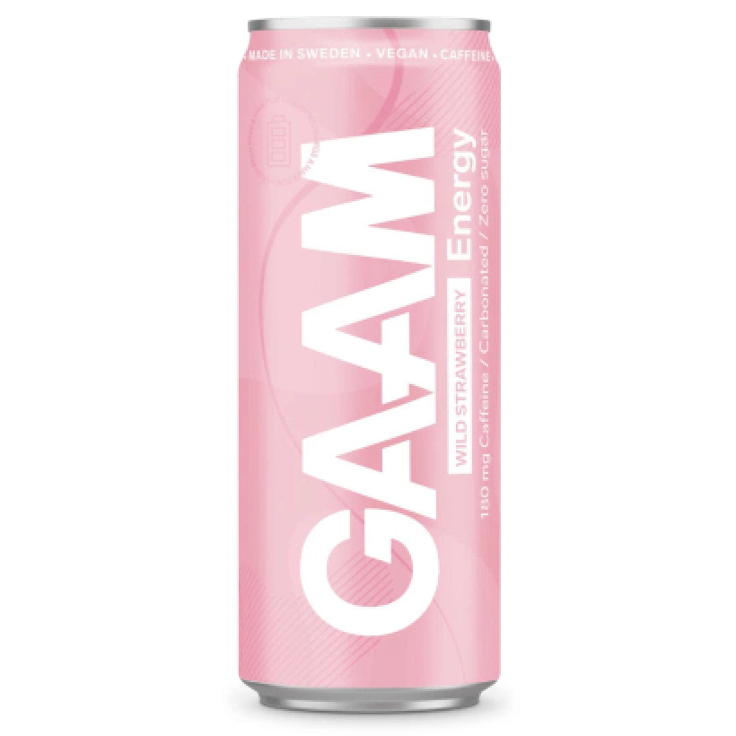 GAAM Energy 330 ml vegansk energidryck i en ljusrosa burk med smaken Wild Strawberry., bild 6 av 11