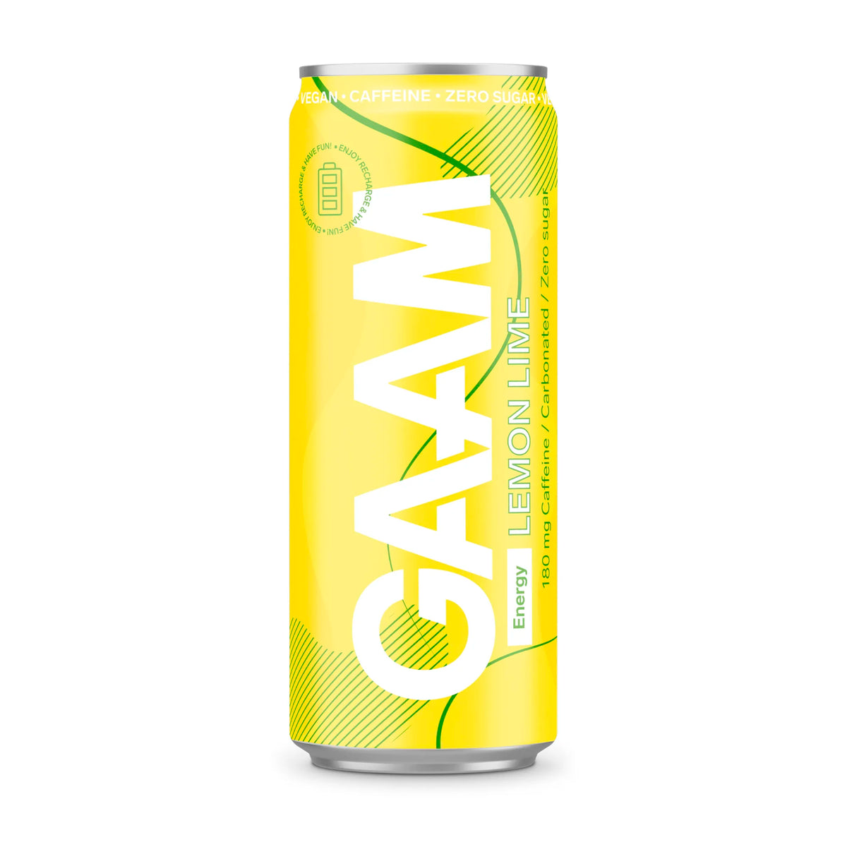 GAAM Energy 330 ml energidryck i en gul burk med gröna detaljer för smaken Lemon Lime., bild 1 av 11