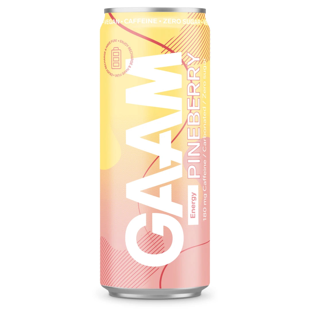En burk GAAM Energy 330 ml energidryck i färgerna gul och rosa för smaken Pineberry., bild 4 av 11