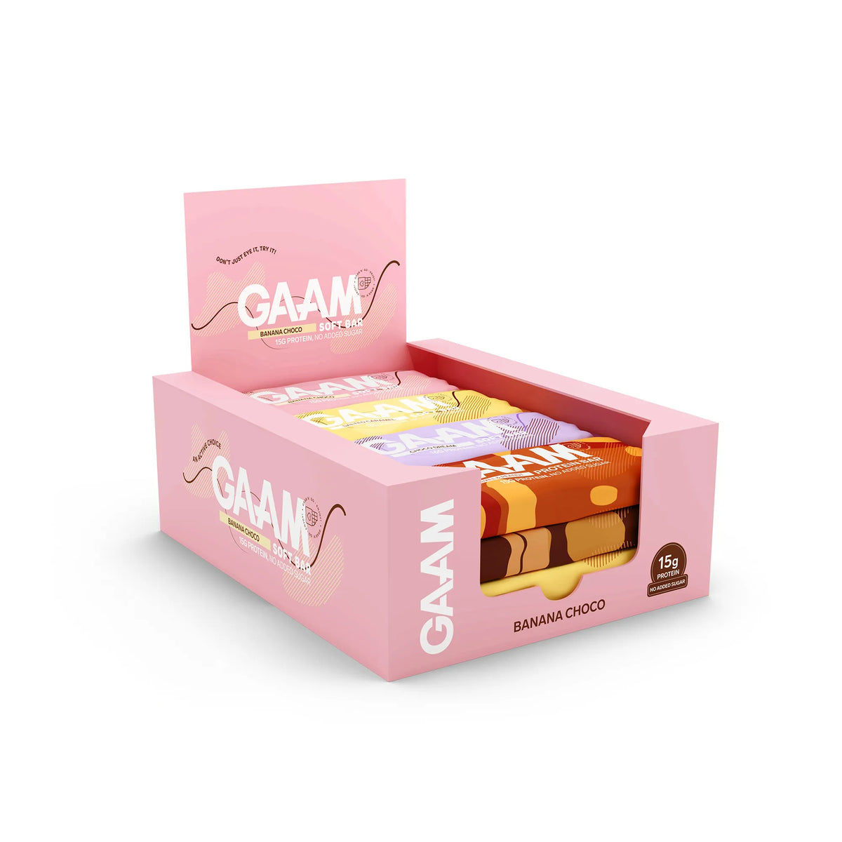 12 x GAAM Protein bar &amp; Soft bar 45 g Mixlåda i en ljusrosa displaykartong med färgglada inslagna bars., bild 1 av 1