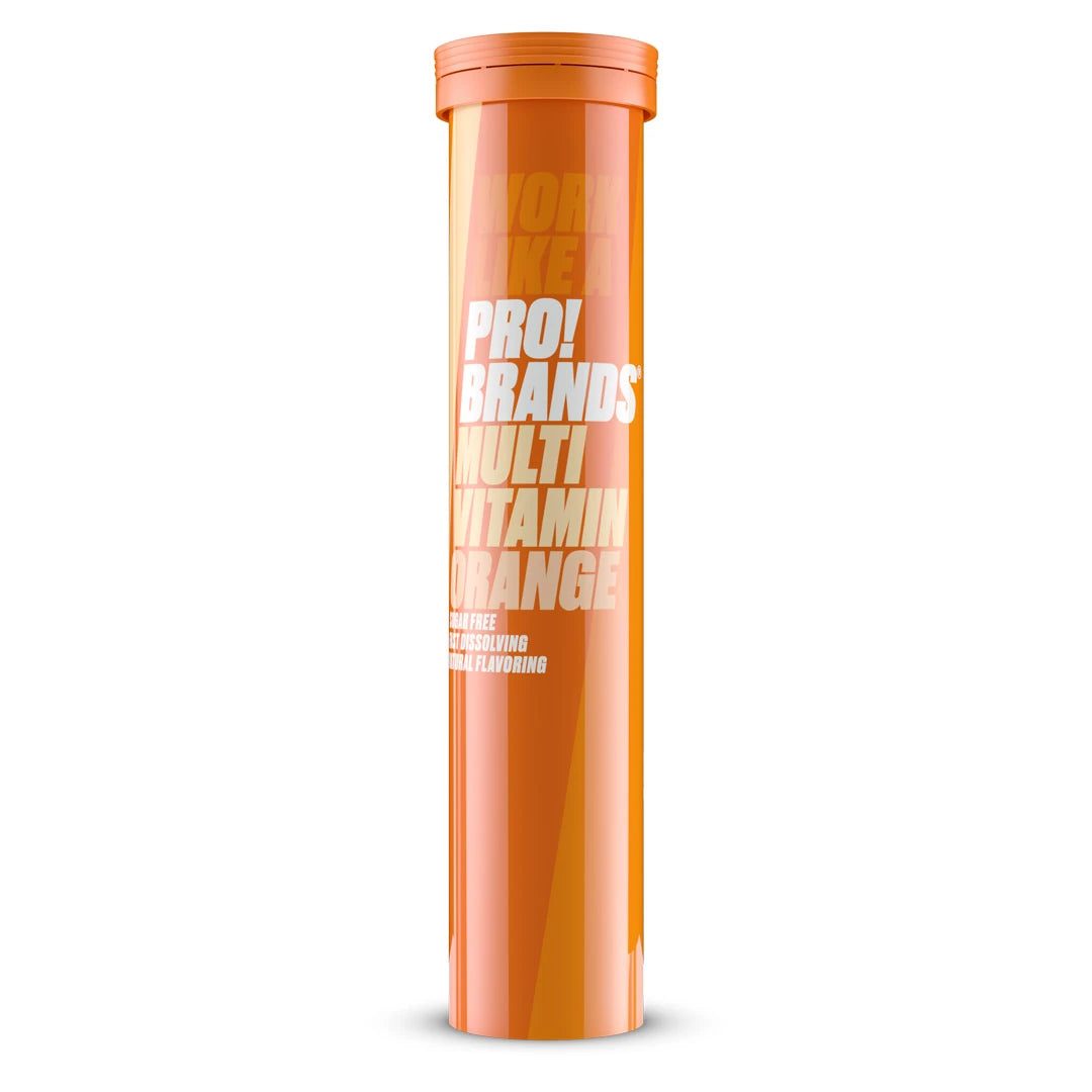 Pro Brands Multivitamin Brus Orange förpackad i ett avlångt orange rör med vit text, brustabletter för kosttillskott.
