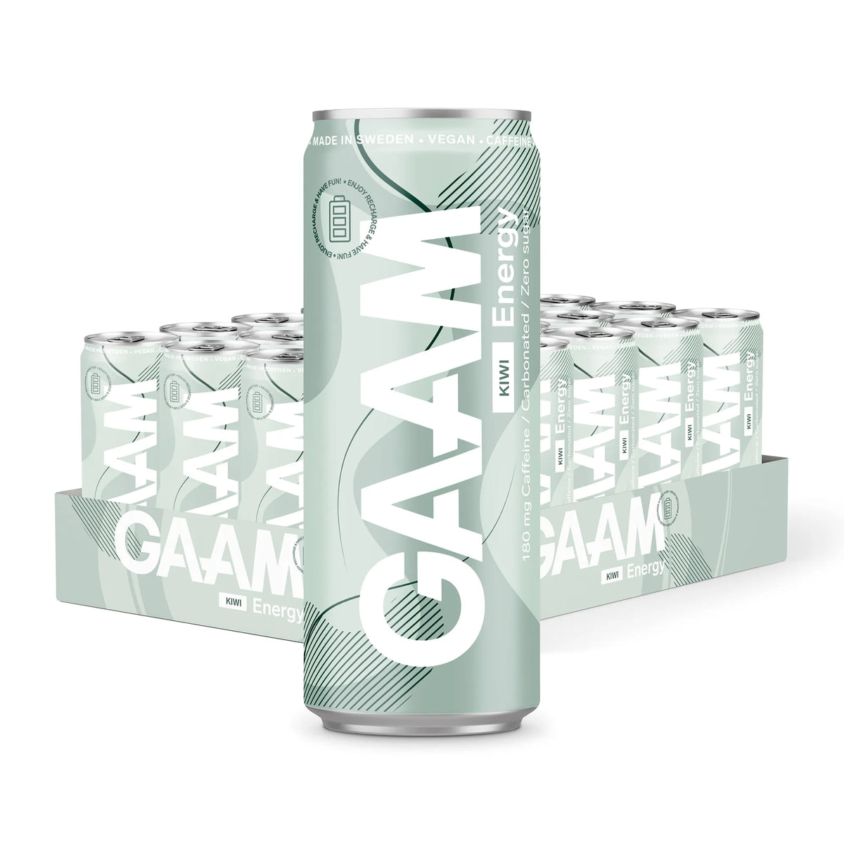 24 x GAAM Energy 330 ml Kiwi i ett ljusgrönt flak med burkar i en ljusgrön och vit design., bild 1 av 1