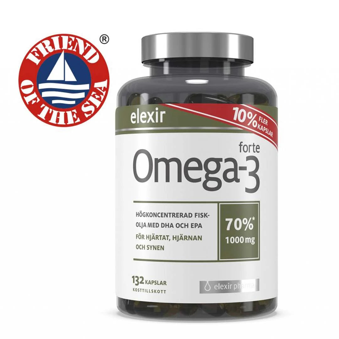Elexir Pharma Omega-3 Forte 132 caps i en mörk burk med silverlock och vit etikett.