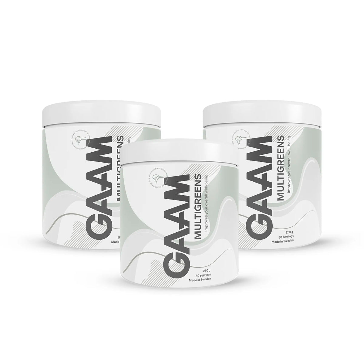 Tre stycken vita burkar av 3 x GAAM Multigreens 250 g med gröna och gråa vågiga detaljer på etiketterna., bild 1 av 1