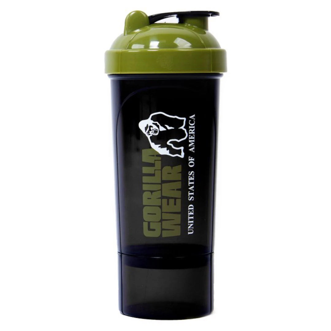 Gorilla Wear Compact Shaker Black &amp; Army Green i svart plast med grönt lock och separat förvaringsbehållare., bild 1 av 1