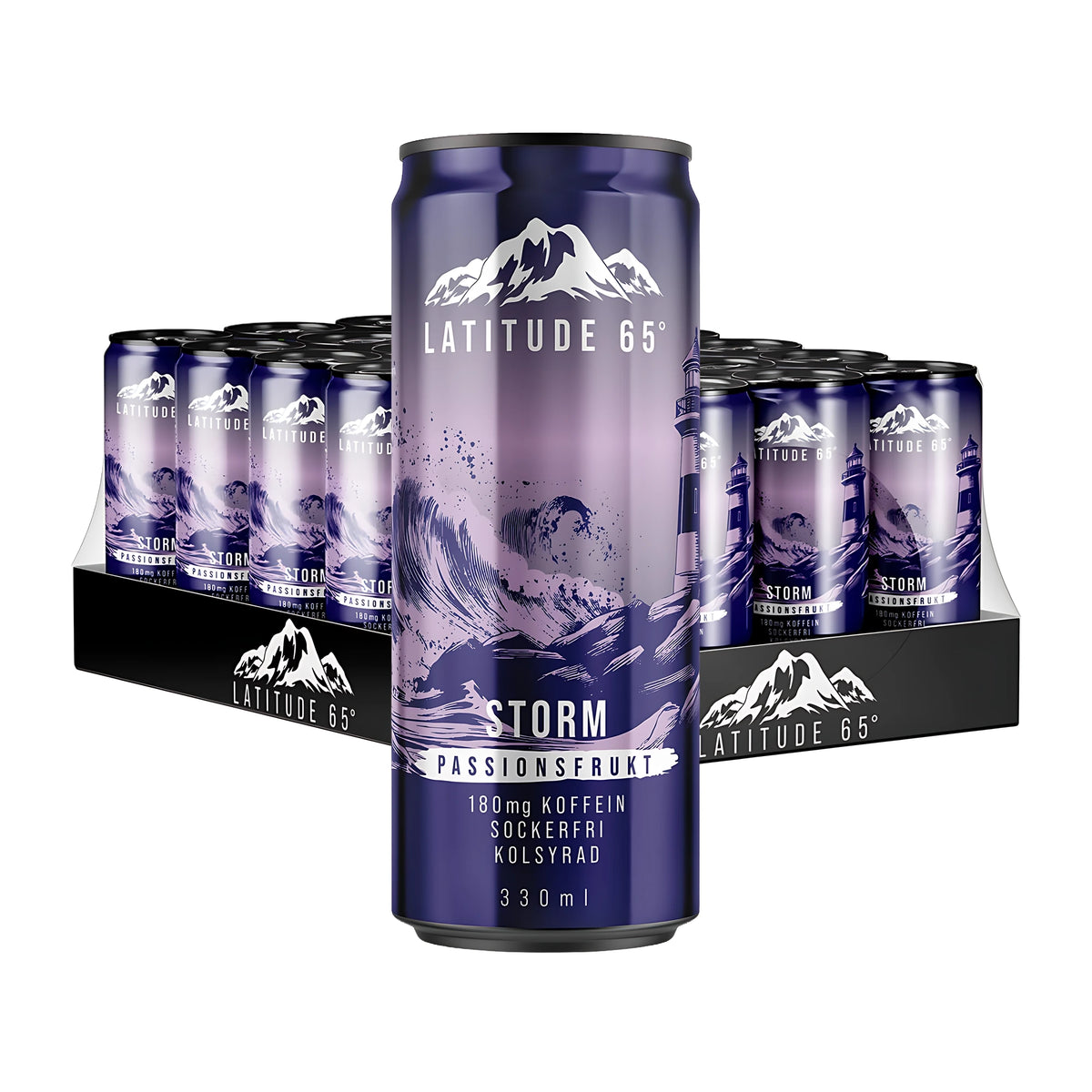 24 x Latitude 65 330 ml Storm - Passionsfrukt i ett 24-pack med en lila burk i förgrunden framför ett helt flak.
