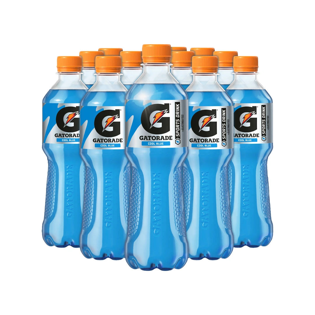 12 x Gatorade 500 ml Cool Blue sportdryck i genomskinliga plastflaskor med blå vätska och orange kork., bild 1 av 1