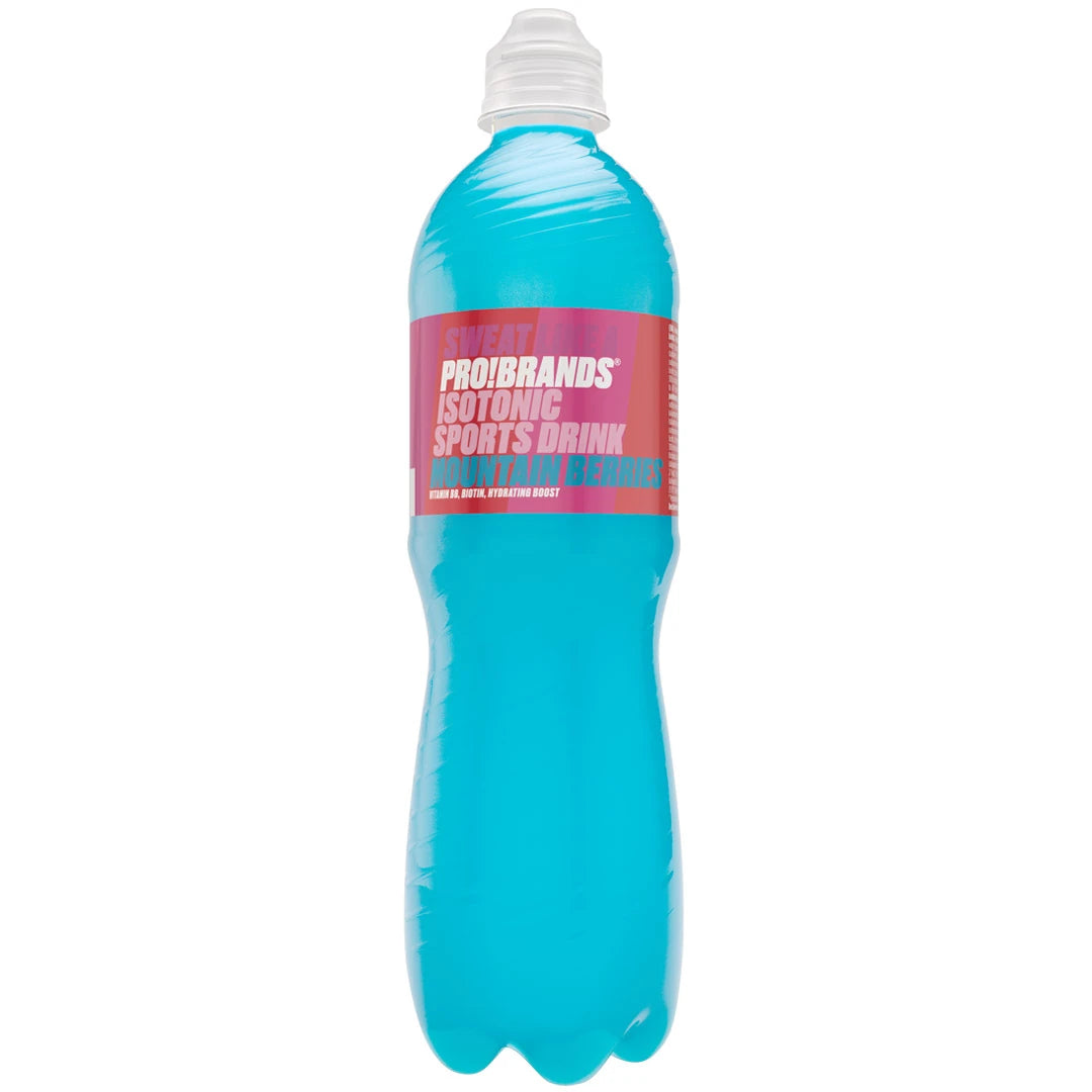 Pro Brands ISOtonic Sports Drink 500 ml i plastflaska fylld med klarblå dryck, vit sportkork och rosa etikett., bild 1 av 1