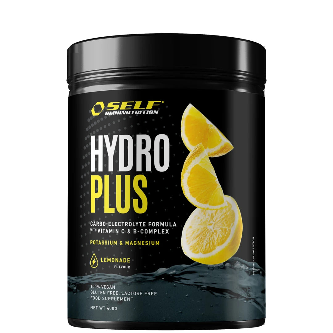 Self Omninutrition Hydro Plus 400 g i svart burk med Lemonade-smak, illustrerad med skivade citroner och stänkande vatten., bild 1 av 1