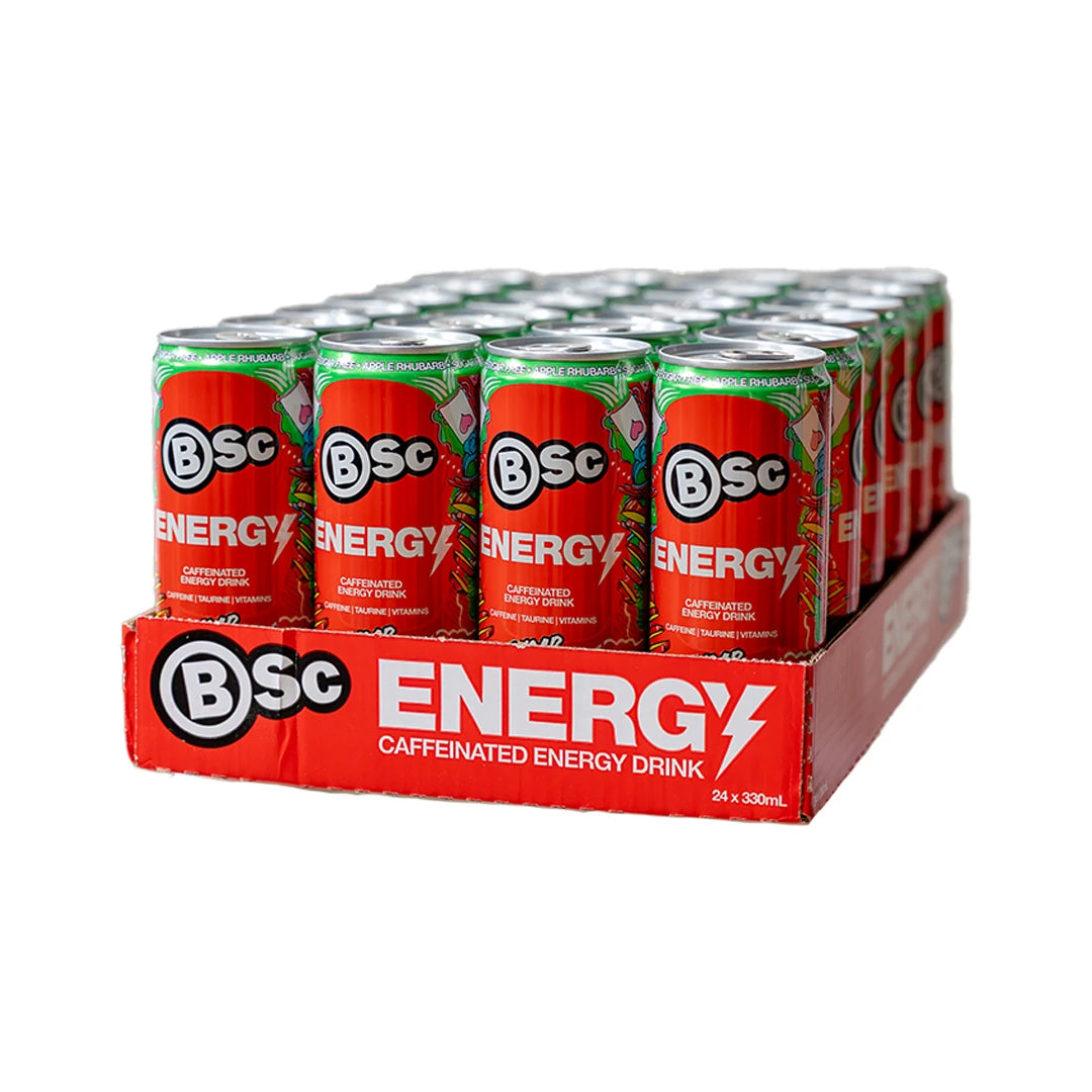 24 x BSc Energy Drink 330 ml Apple Rhubarb i ett rött flak fyllt med röda och gröna energidrycksburkar., bild 1 av 1