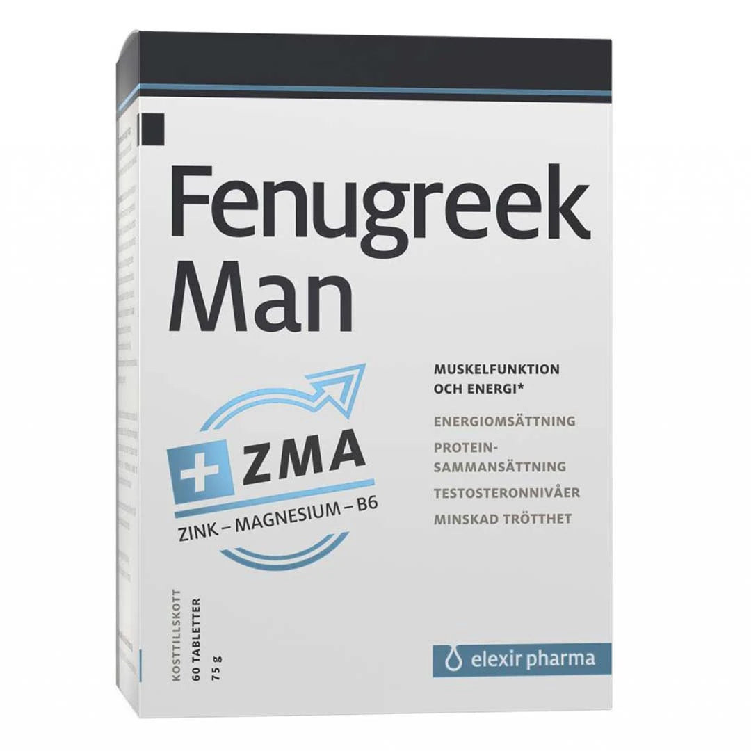 Elexir Pharma Fenugreek Man + ZMA 60 tabs i en vit kartong med blå och svarta detaljer för ökat välmående och testosteronnivåer., bild 1 av 1