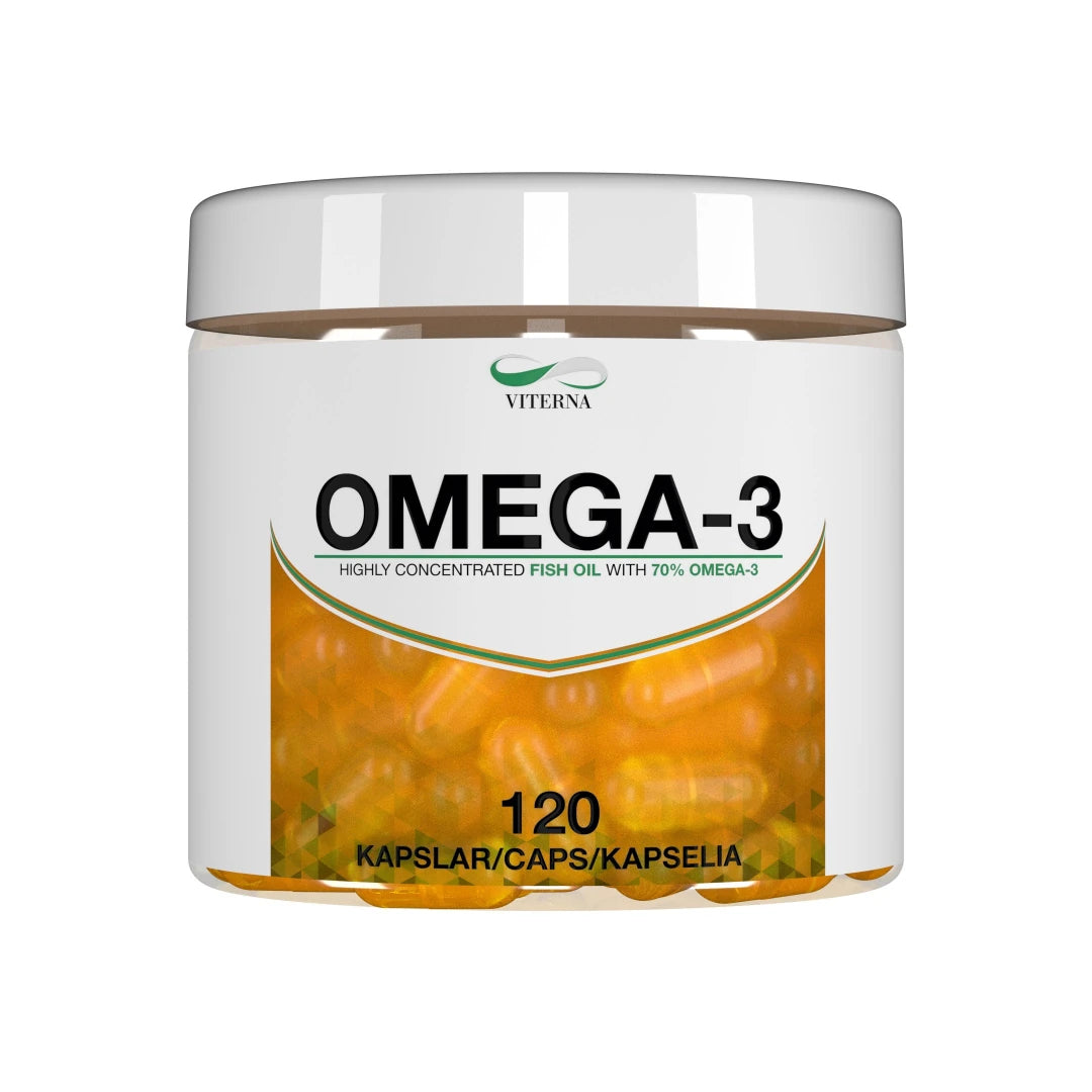 Viterna Omega-3 120 caps i en transparent burk med vit etikett och orangefärgade kapslar synliga genom burken., bild 1 av 1