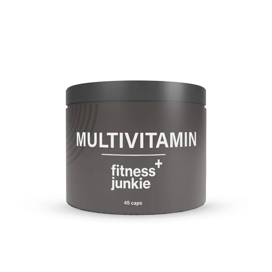 fitnessjunkie Multivitamin 45 caps förpackad i en mörkgrå burk med svart lock och vit text.