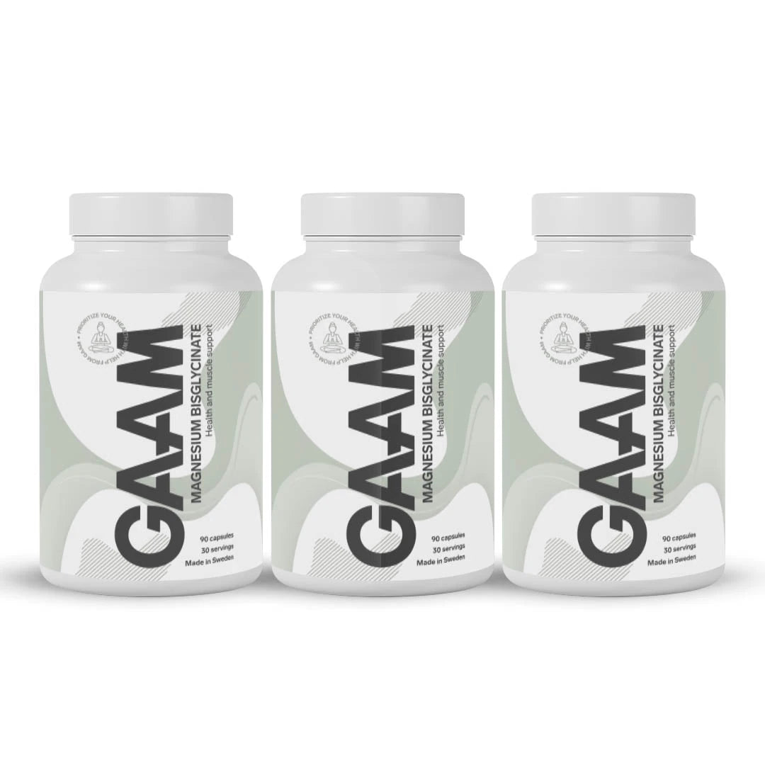 3 x GAAM Magnesium Bisglycinate 90 caps som tre vita plastburkar med ljusgröna detaljer., bild 1 av 1