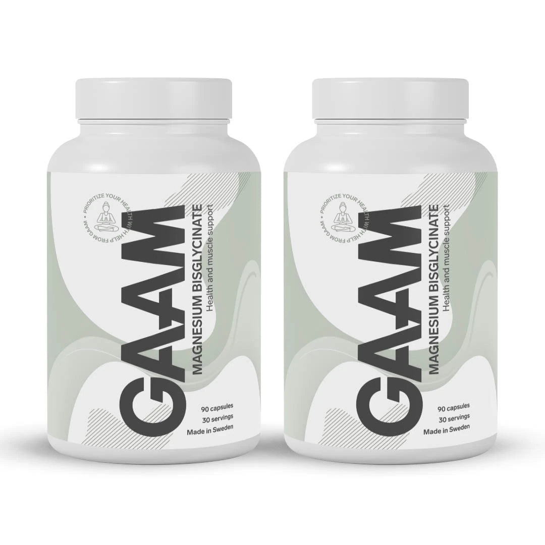 2 x GAAM Magnesium Bisglycinate 90 caps i två vita burkar med ljusgröna och grå detaljer., bild 1 av 1