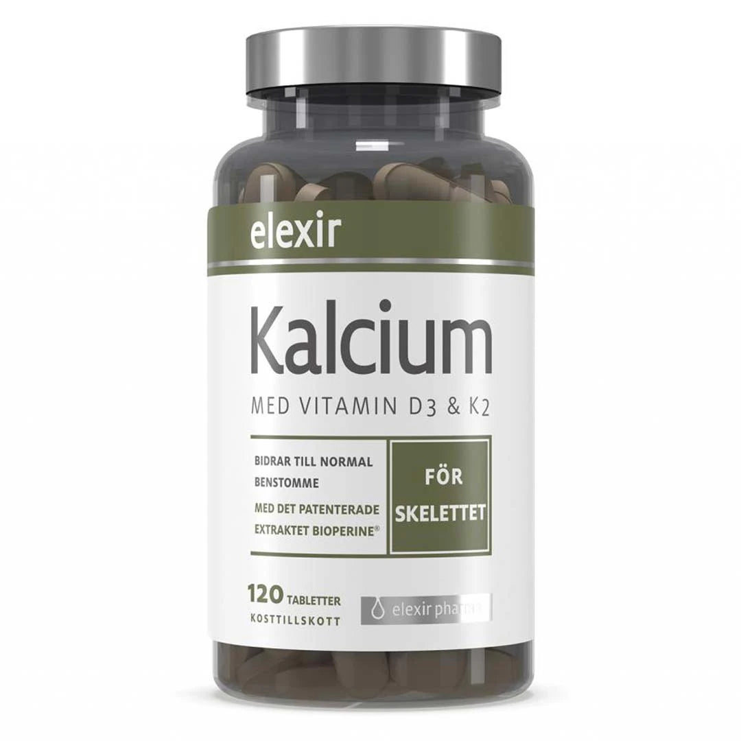 Elexir Pharma Kalcium 120 tabs kosttillskott i en mörk transparent burk med silverlock och grönvit etikett., bild 1 av 1