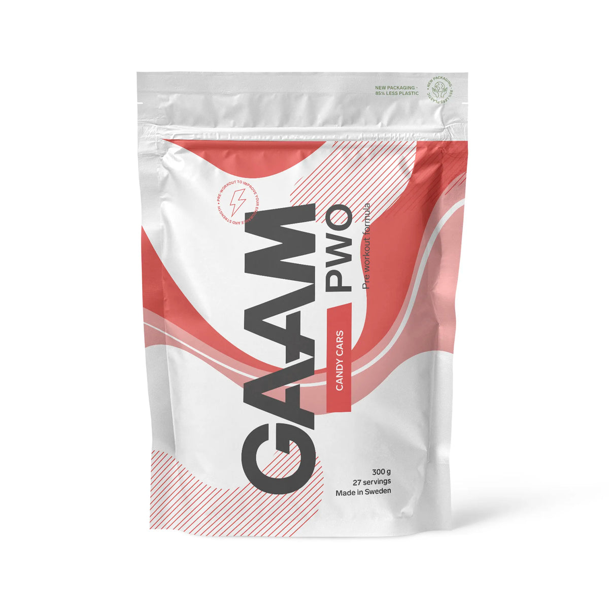 GAAM PWO 300 g pre-workout pulver i en vit påse med rosa detaljer för smaken Candy Cars.
