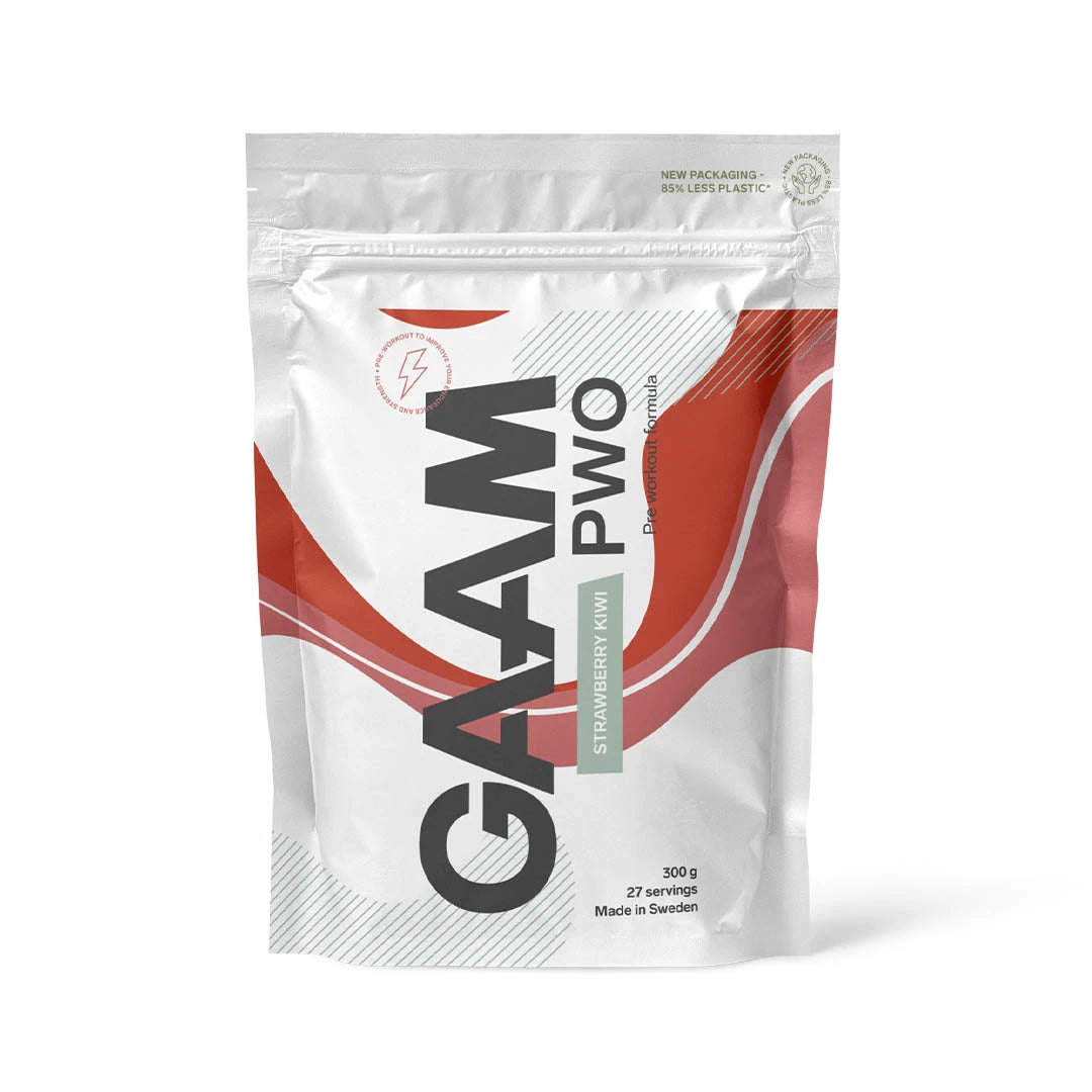GAAM PWO 300 g prestationshöjare i pulverform, vit påse med röda detaljer och text för smaken Strawberry Kiwi., bild 5 av 5