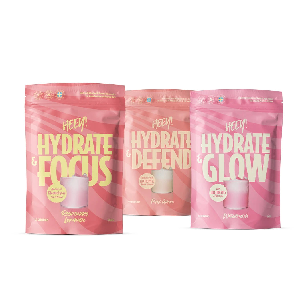 Heey! Hydration paket bestående av tre rosa och persikofärgade påsar med elektrolytpulver för olika behov., bild 1 av 1