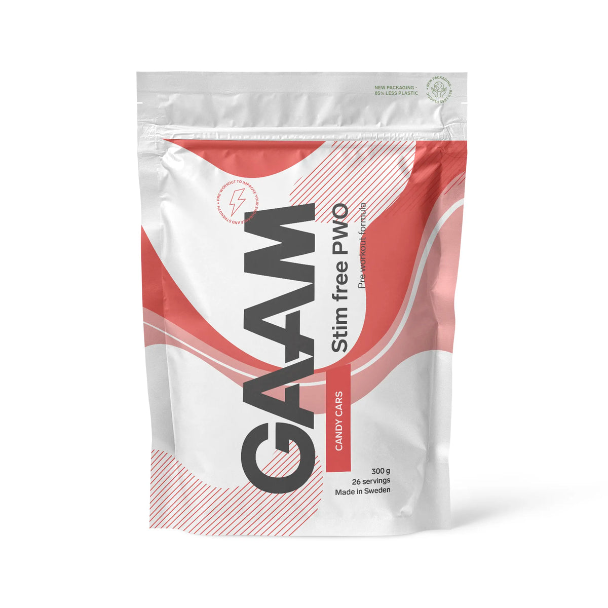 GAAM Stim free PWO 300 g i en vit påse med rosa och röda detaljer för smaken Candy Cars.