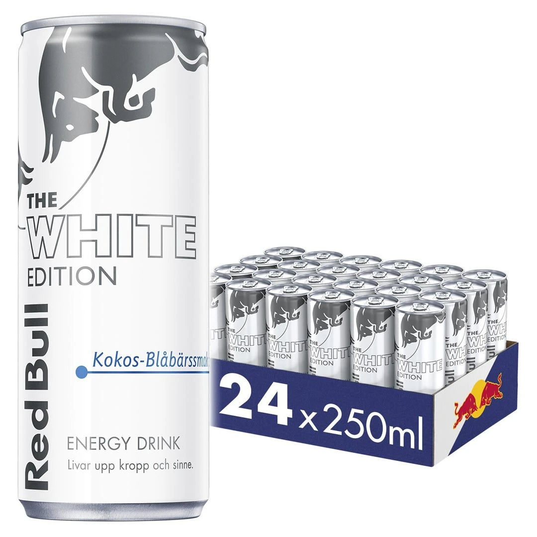 24 x Red Bull Energidryck 250 ml White Edition - Kokos Blåbär i ett blått flak med vita burkar med silvriga detaljer., bild 1 av 1