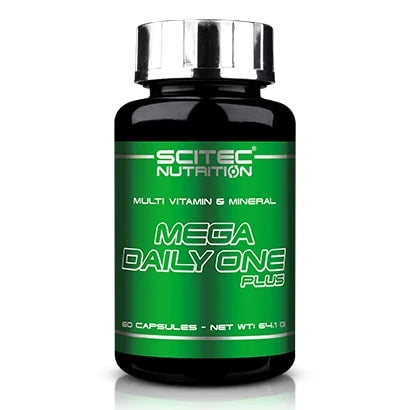 Scitec Nutrition Mega Daily One Plus 60 caps multivitamin i en svart burk med grön etikett och silverfärgat lock., bild 1 av 1