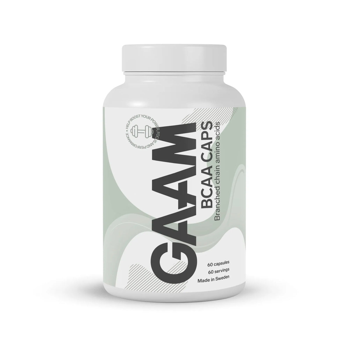 GAAM BCAA 60 caps i en vit burk med grågröna detaljer, ett kosttillskott i smidigt kapselformat.
