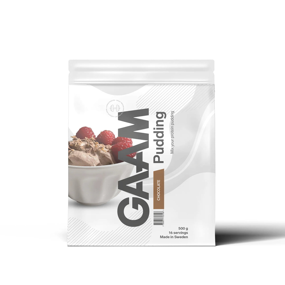 GAAM Pudding 500 g proteinpudding i en vit påse med grå och bruna detaljer för smaken Choklad.