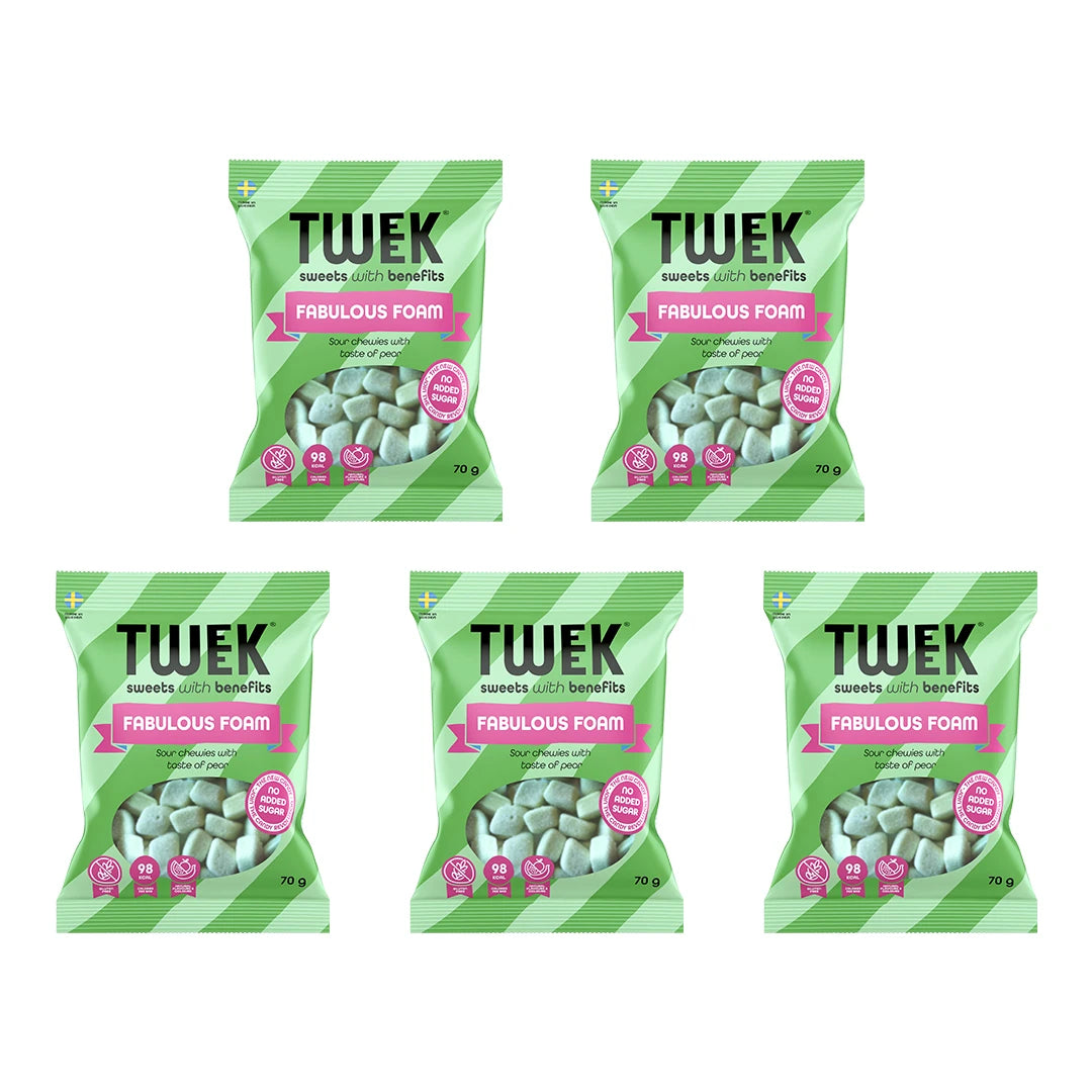 5 x Tweek Sweets 70 g Fabulous Foam i fem ljusgröna påsar med rosa detaljer för skumgodis., bild 1 av 1