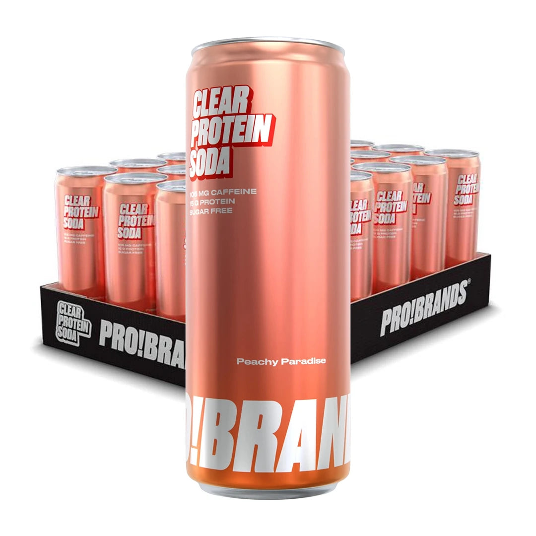 24 x Pro Brands Clear Protein Soda 330 ml i ett svart flak fyllt med persikofärgade burkar i smaken Peachy Paradise.