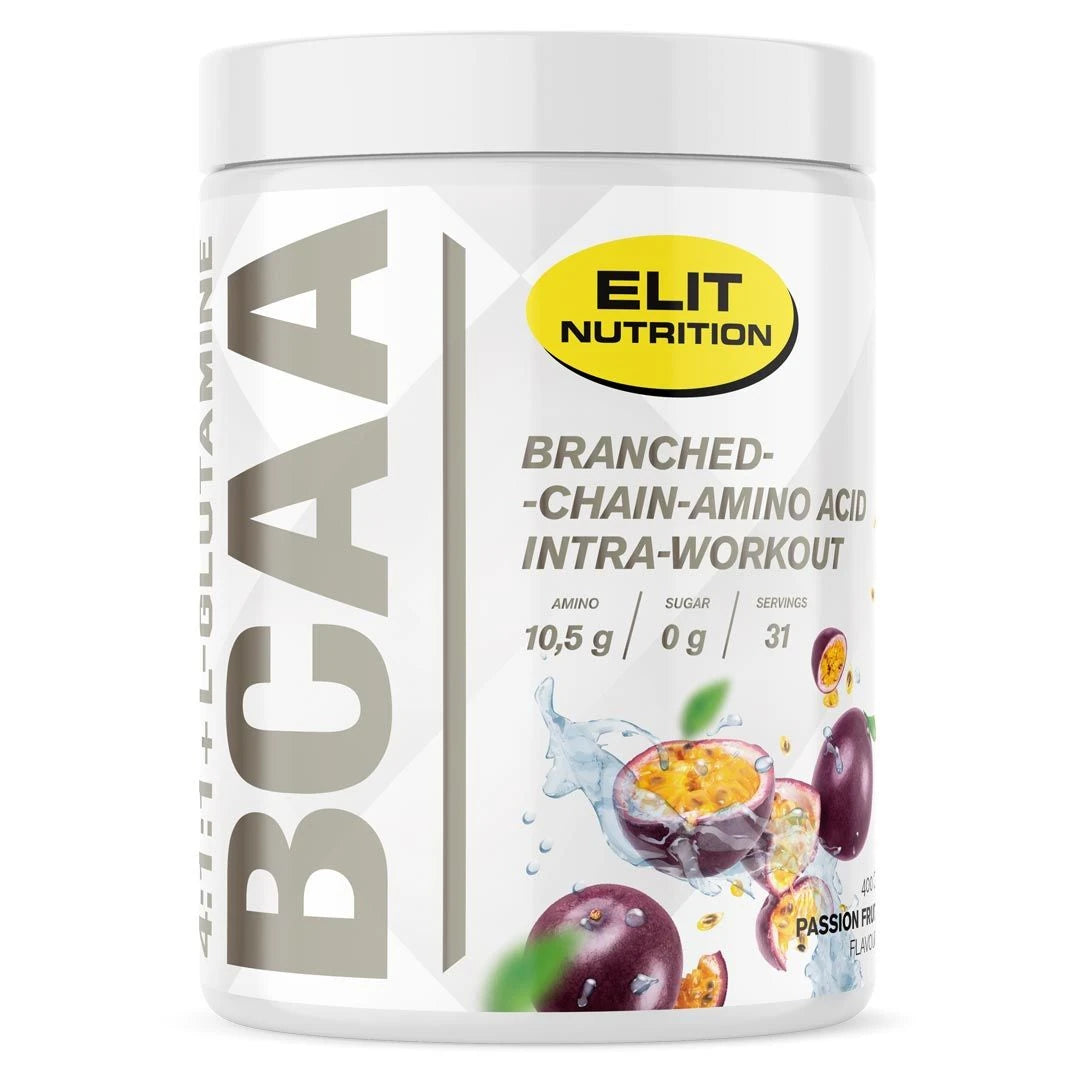 Elit Nutrition BCAA 4:1:1 + L-glutamine 400 g aminosyrapulver i en vit burk med gula detaljer och passionsfrukt för smaken Passion Fruit., bild 1 av 6