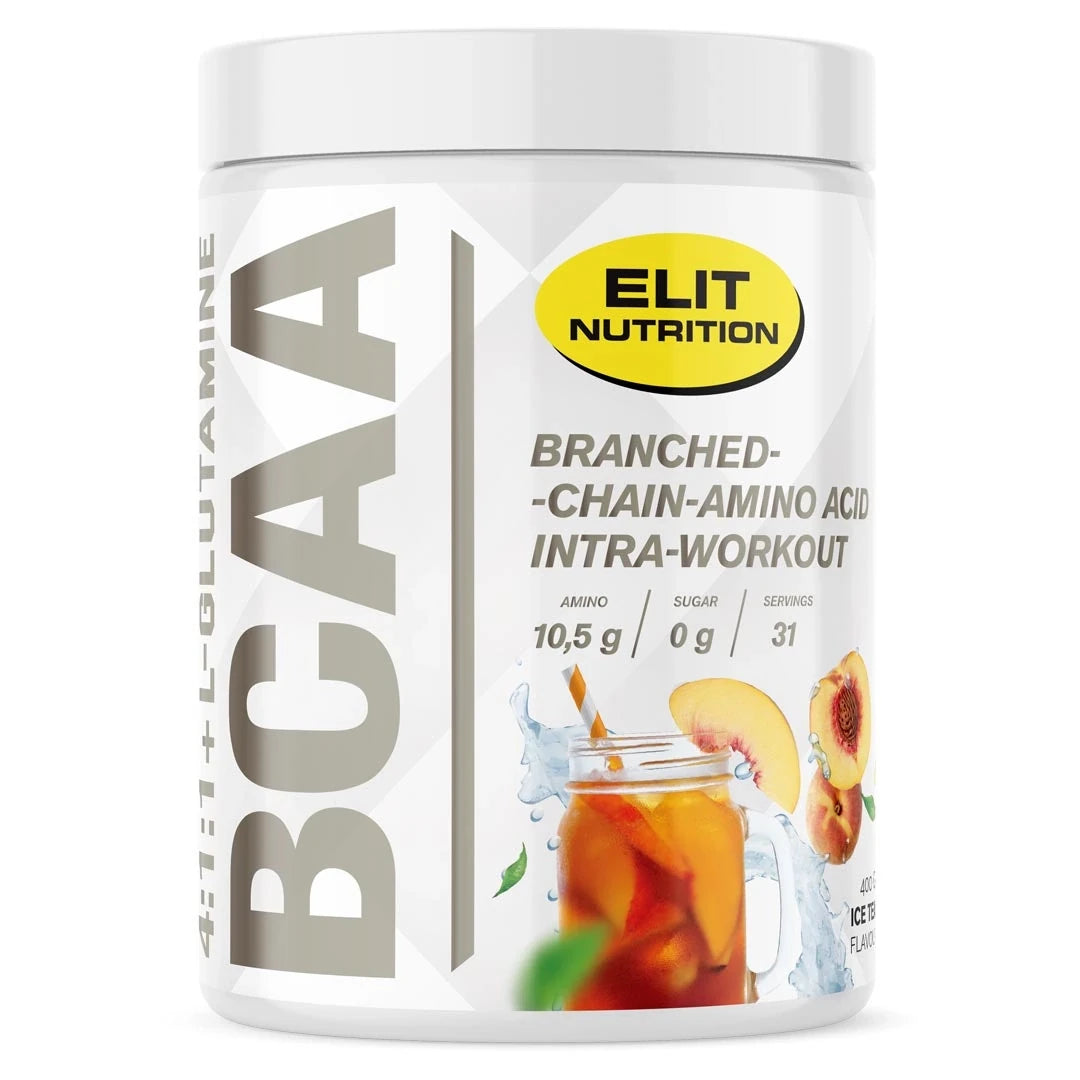 Elit Nutrition BCAA 4:1:1 + L-glutamine 400 g aminosyrapulver i en vit burk med illustration av iste och persika för smaken Ice Tea., bild 2 av 6