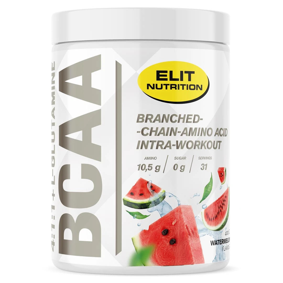 Elit Nutrition BCAA 4:1:1 + L-glutamine 400 g aminosyrapulver i en vit burk med illustrationer av vattenmelon för smaken Watermelon., bild 3 av 6