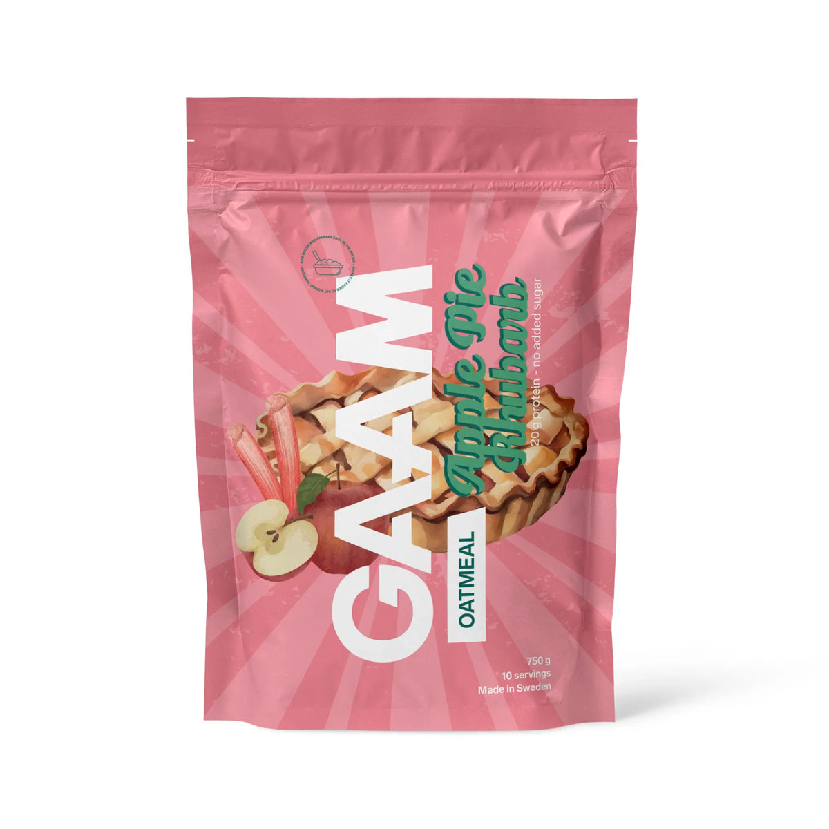 GAAM Oatmeal 750 g snabbgröt i en mönstrad rosa påse med en pajillustration för smaken Apple Rhubarb Pie.