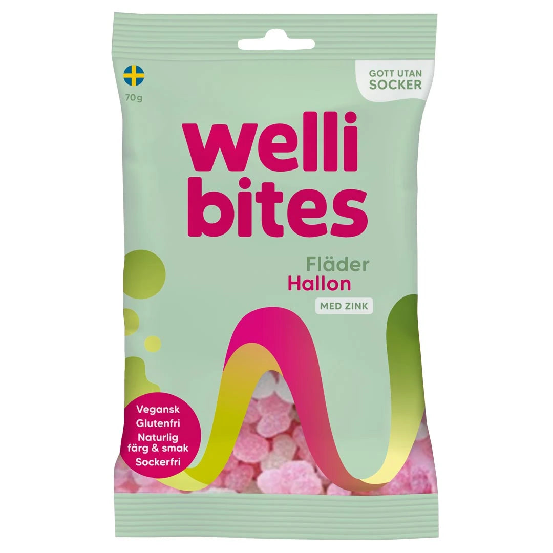Wellibites Candy 70 g sockerfritt godis i en ljusgrön påse med rosa detaljer för smaken Fläder Hallon., bild 6 av 6