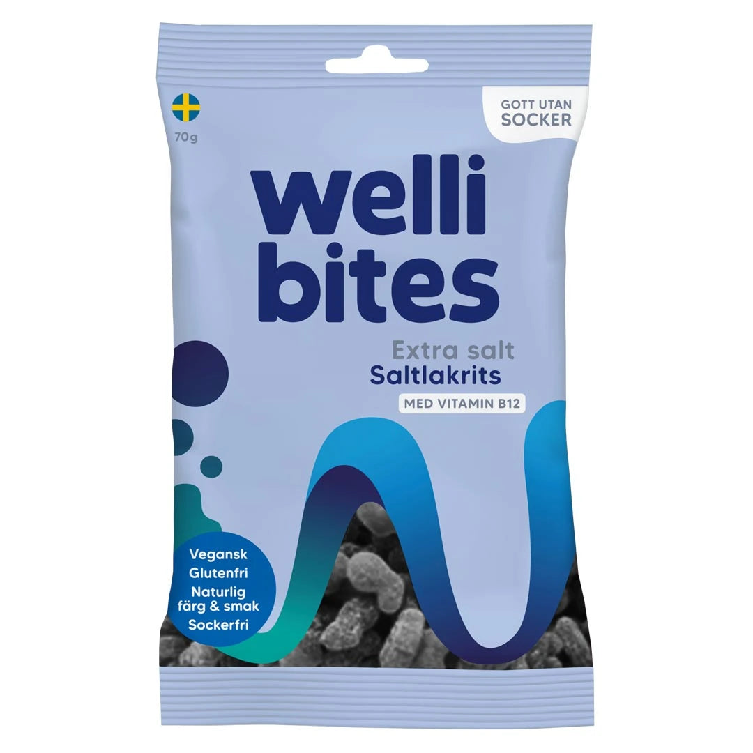 Wellibites Candy 70 g sockerfritt godis i en ljusblå påse för smaken Extra salt saltlakrits., bild 5 av 6