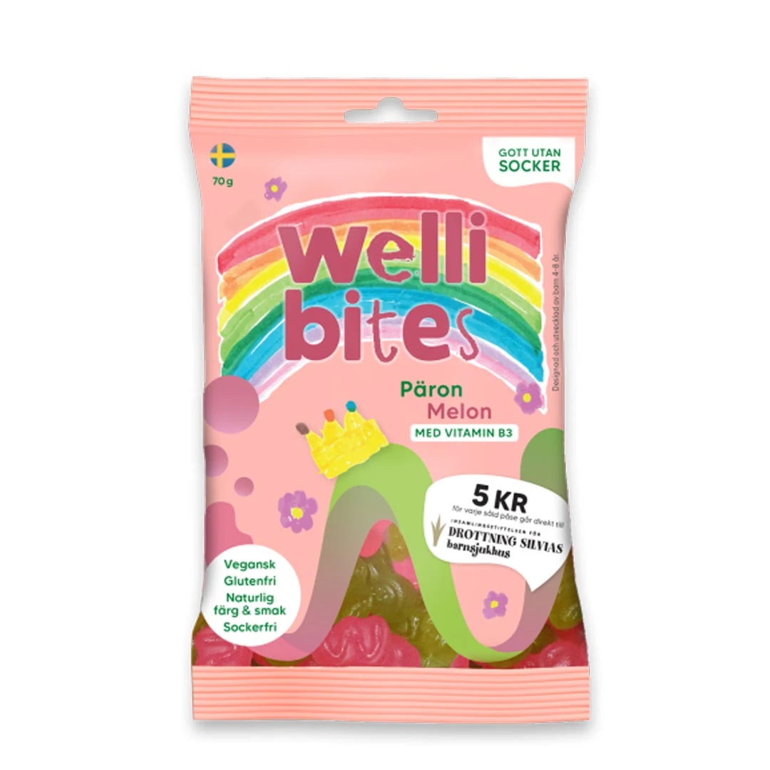 Wellibites Candy 70 g sockerfritt godis i en rosa påse för smaken Päron Melon., bild 1 av 6