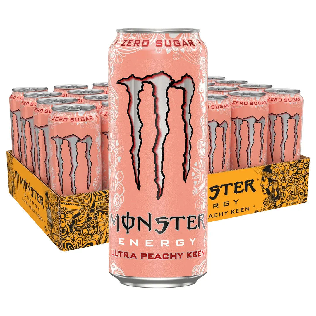 24 x Monster Energy 500 ml Ultra Peachy Keen (sockerfri) i ett gult flak med persikofärgade burkar., bild 1 av 1