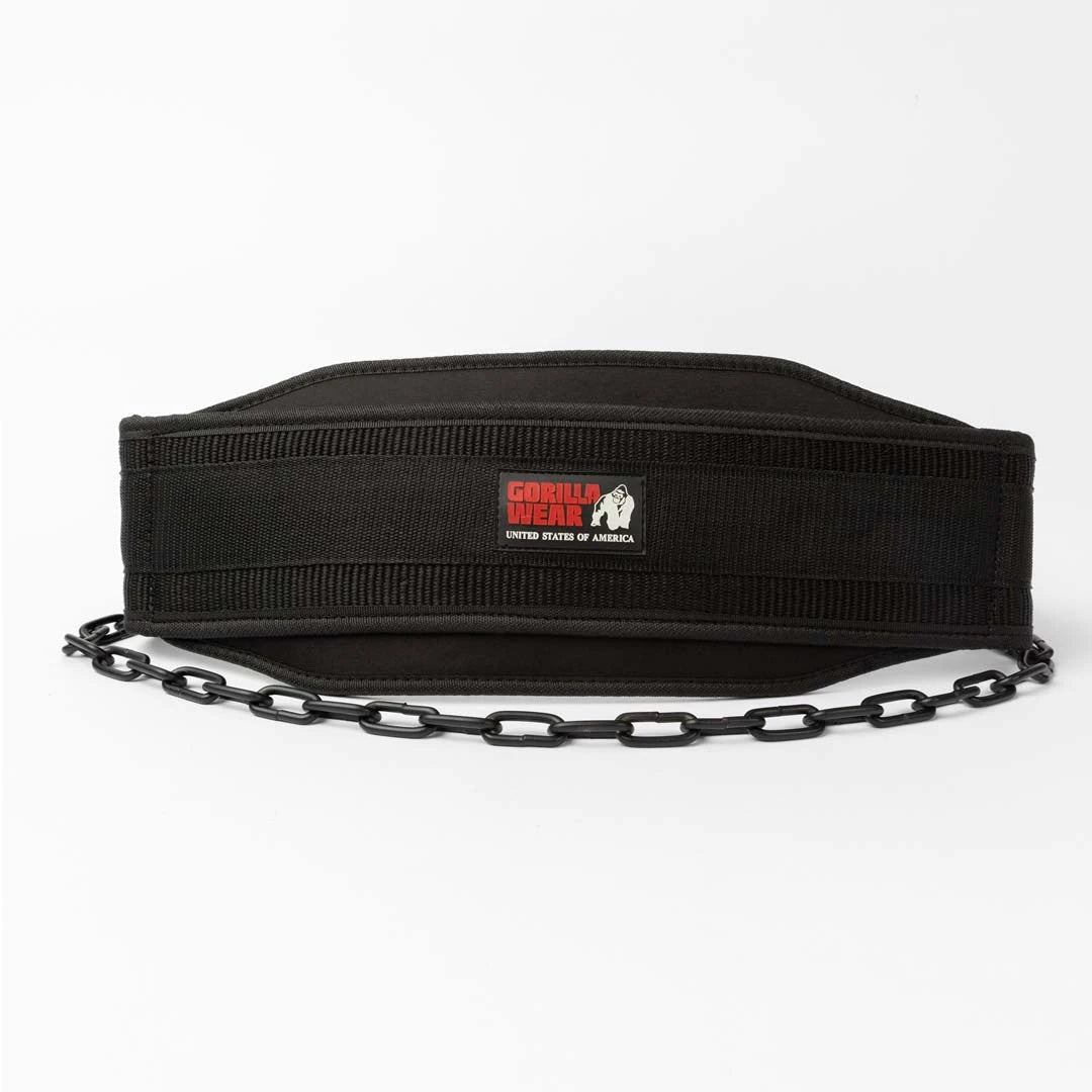 Gorilla Wear GW Nylon Dip Belt Black i svart nylon med en robust svart stålkedja för viktade övningar.