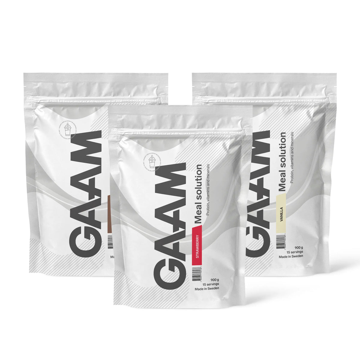 Tre vita påsar av 3 x GAAM Meal Solution 900 g Måltidsersättning med smakerna Strawberry, Vanilla och choklad., bild 1 av 1