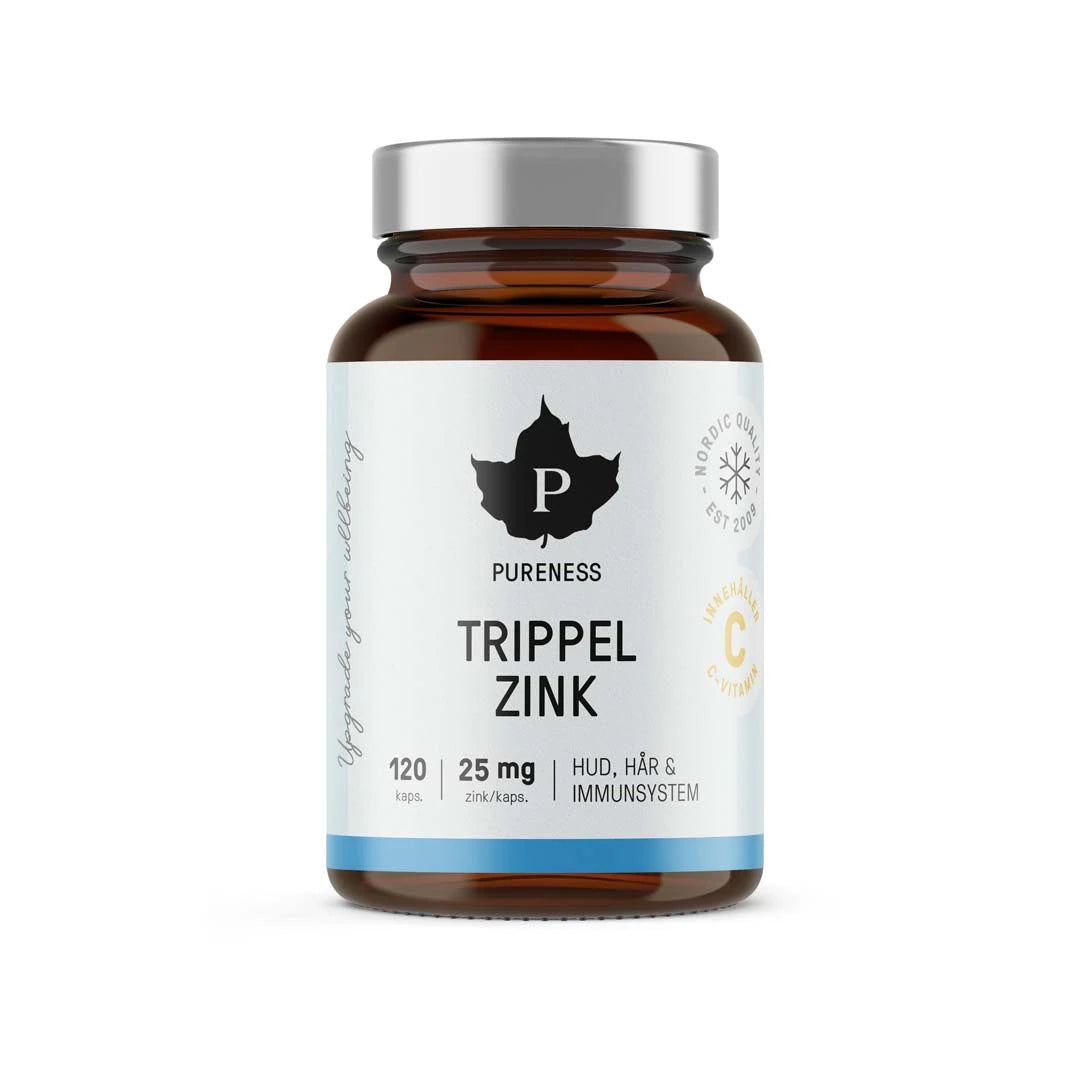 Pureness Trippel Zink 120 caps kosttillskott i en brun glasburk med vit etikett och silverfärgat lock., bild 1 av 1