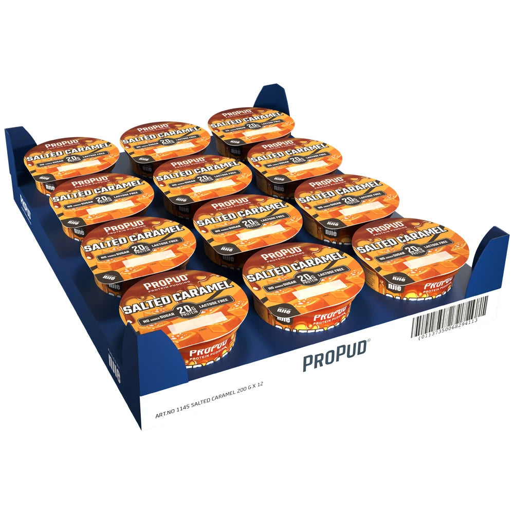 12 x NJIE ProPud 200 g Salted Caramel i en blå låda med tolv burkar proteinpudding med orangea lock., bild 1 av 1
