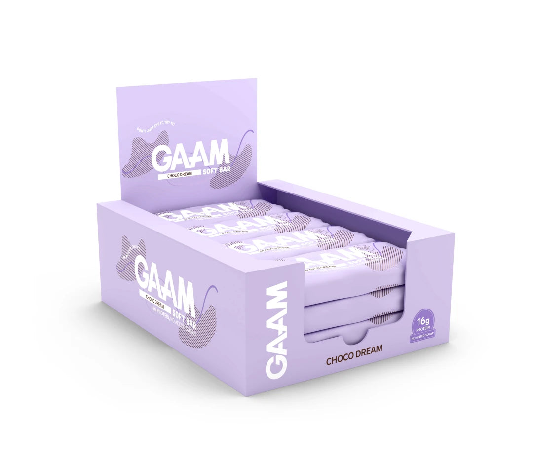 12 x GAAM Soft bar 45 g Choco Dream i en ljuslila kartong fylld med matchande lila bars., bild 1 av 1